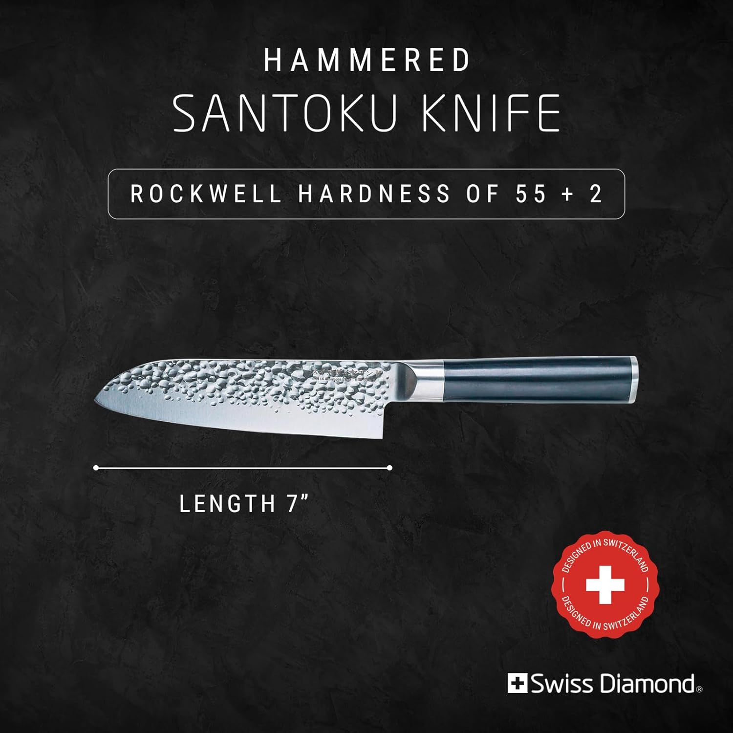 Swiss Diamond Santoku Knife, German Steel With ABS Handle, Half Tang Handle, Hammered Blade Chef Knives Professional Grade, 55+2 Rockwell Hardness, 7 Inch