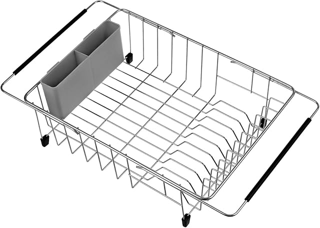 SANNO Dish Drainer Rack Expandable Dishes Drying Rack Over The Sink Adjustable Dish Drainer,Dish Rack in Sink or On Counter with Utensil Silverware Storage Holder, Rustproof Stainless Steel