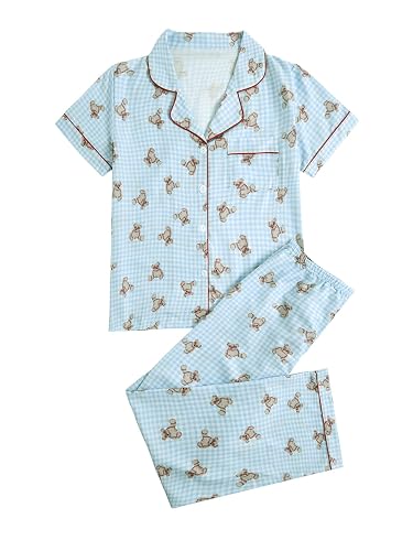 Verdusa Women's 2 Piece Pajama Sets Cute Printed Fall Pajamas Sleepwear Button Up Shirt with Pants Lounge Pjs - Small - Blue