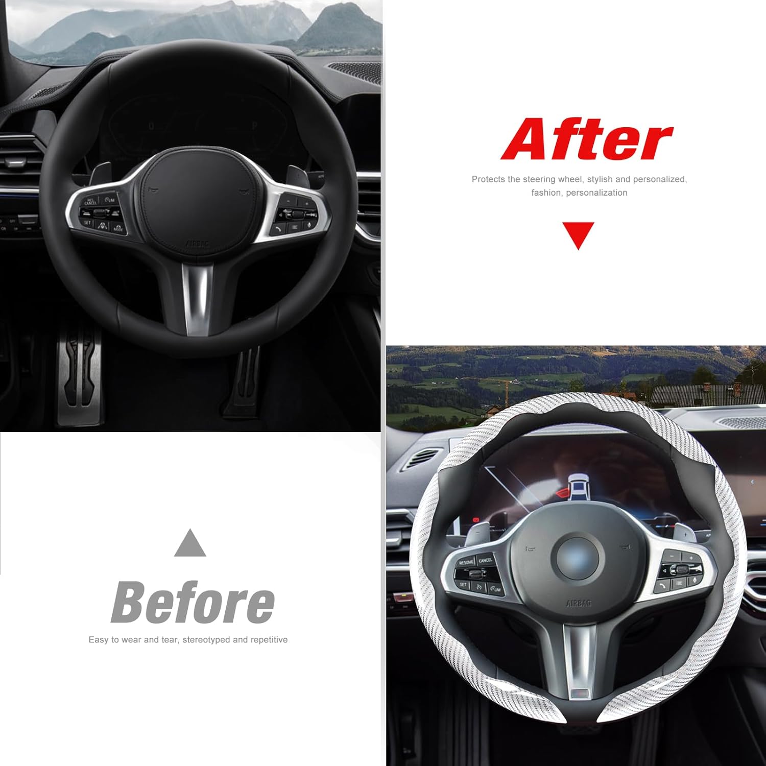 Car Steering Wheel Cover Set Bright Carbon Fiber Wrap Non-Slip 3pcs Steering Wheel Accessories 14.5-15 inch Universal (White)