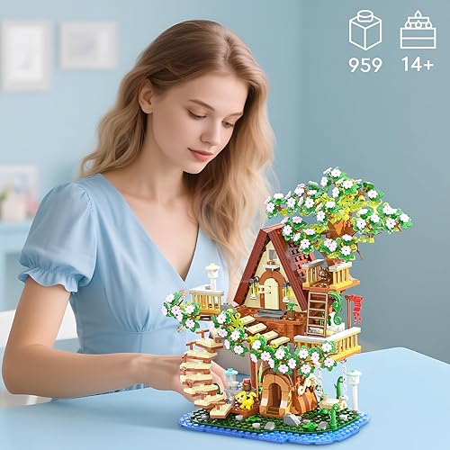 Miniatura 5 de Juego de construcción de casa de árbol de cerezo en flor 3 en 1, ideas de casa de árbol de flores para adultos, juguetes coleccionables creativos de