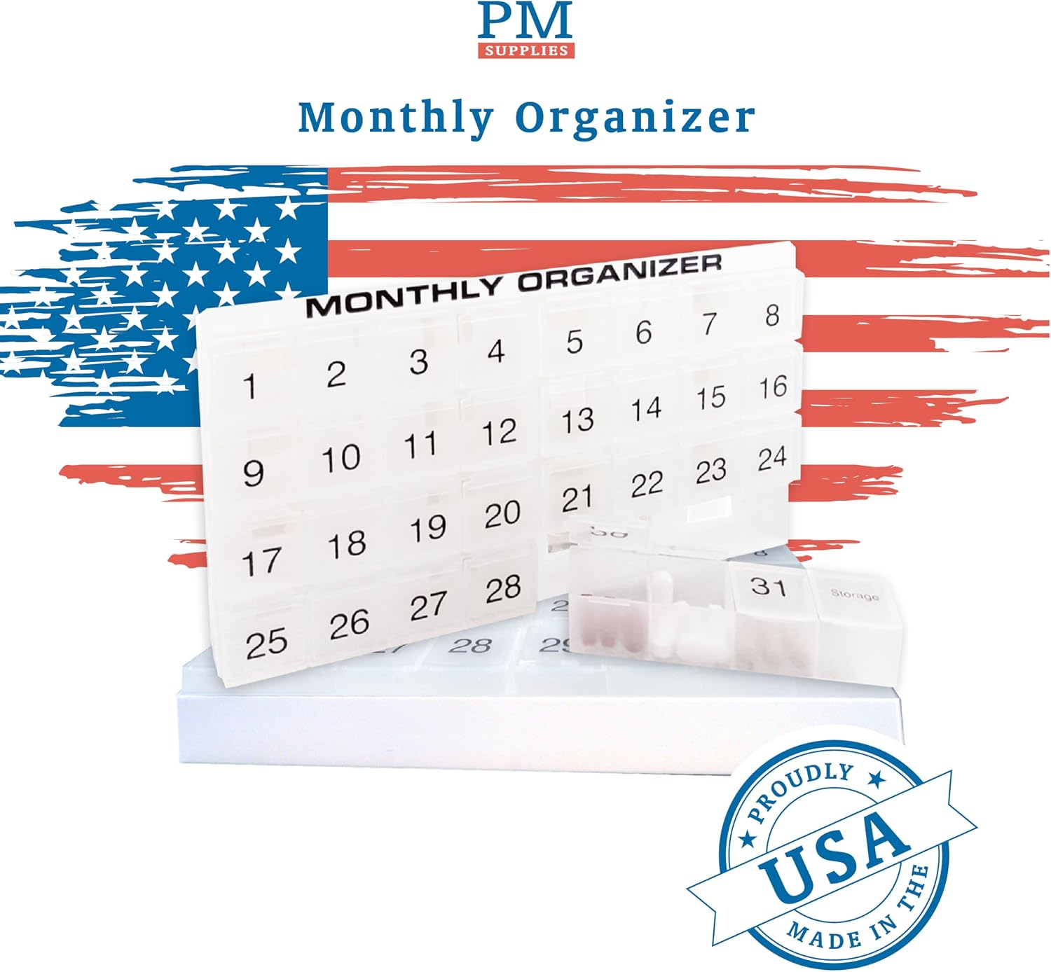 Monthly Pill Organizer | 31 compartments, 1 per Day, 4 Week Full Month 31 Day Pill Organizer | Includes Tray and 8 Removable compartments