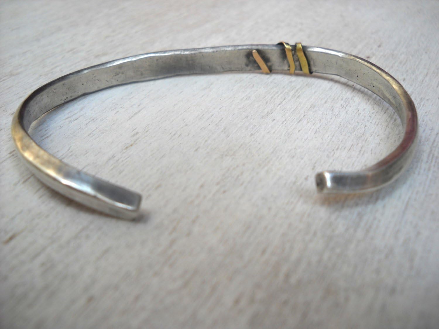 Blackened Sterling Silver and 14K Yellow gold Cuff Bracelet for Men, Alternative Rustic Artisan Handmade Jewelry