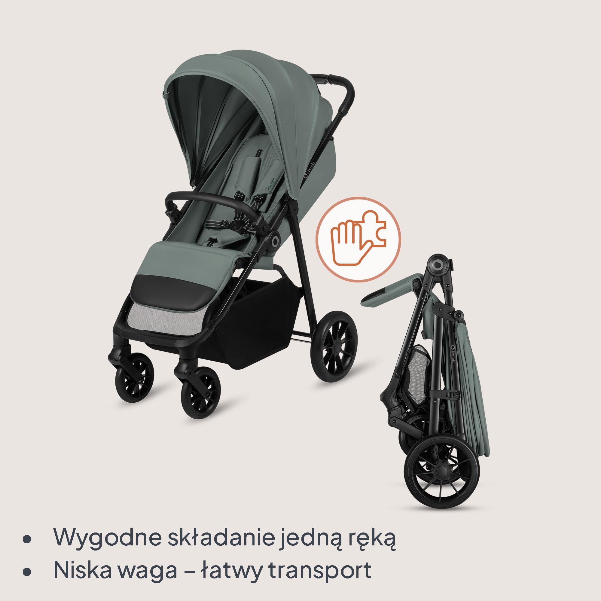 Lionelo Emerald Buggy do 22 kg, 6 miesięcy – 4 lata, koła EVA 360° ze sprężyną, składane jedną ręką, powierzchnia do leżenia 91 cm z regulowanym oparciem, wodoszczelny daszek UPF50+, duży koszyk na
