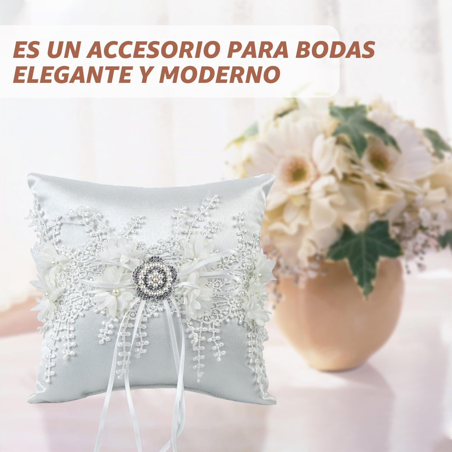 Cojin de Anillos Boda Vintage Porta Alianzas Blanco Anillos de Boda Almohada 18x18cm con Cinta y Perlas Artificiales Accesorios de Compromiso de Boda