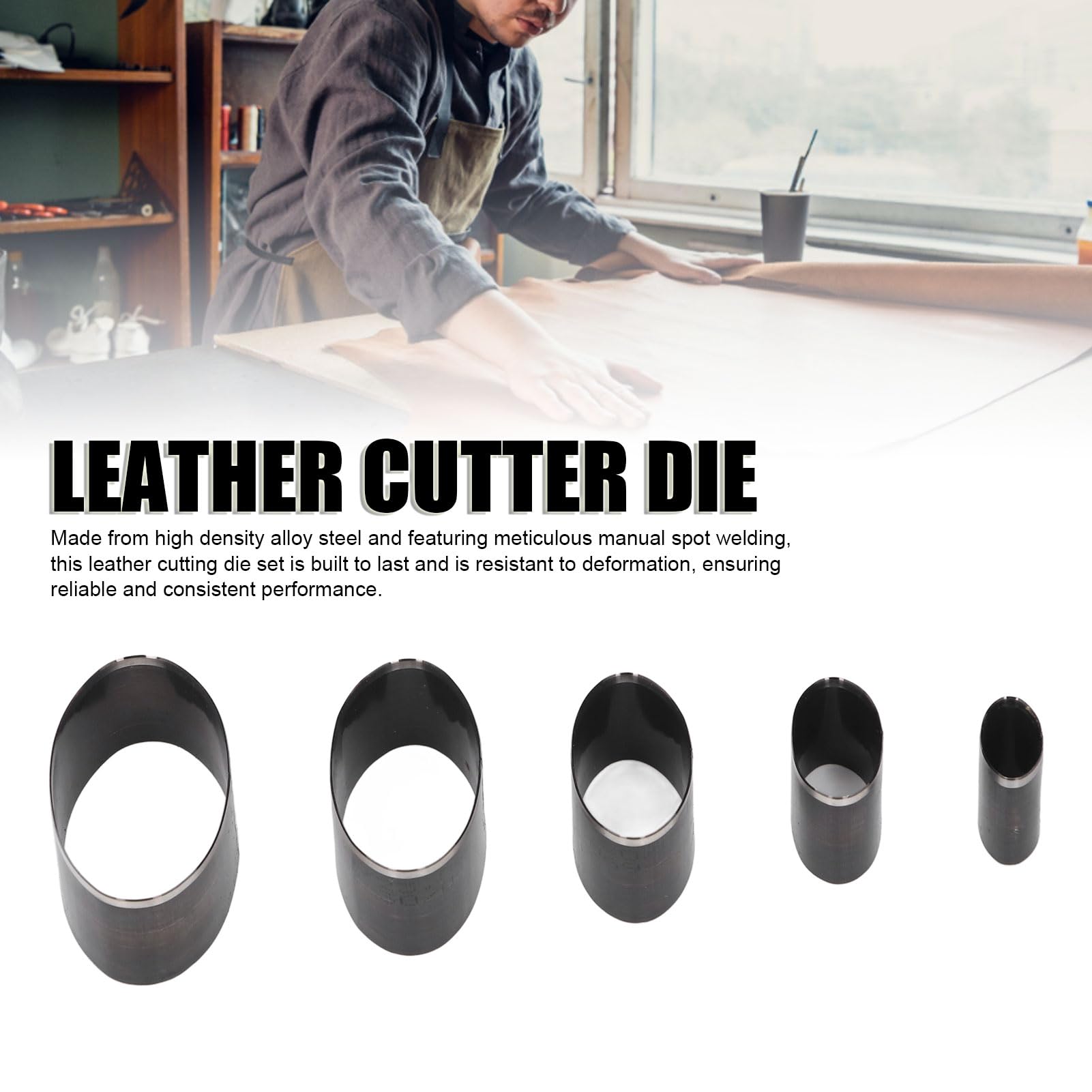 Professional Leather Cutting Die Set - 5PCS Stainless Steel Hollow Punch Tools (20-60mm Oval) for Leather Craft & Jewelry Making with Long Shaft