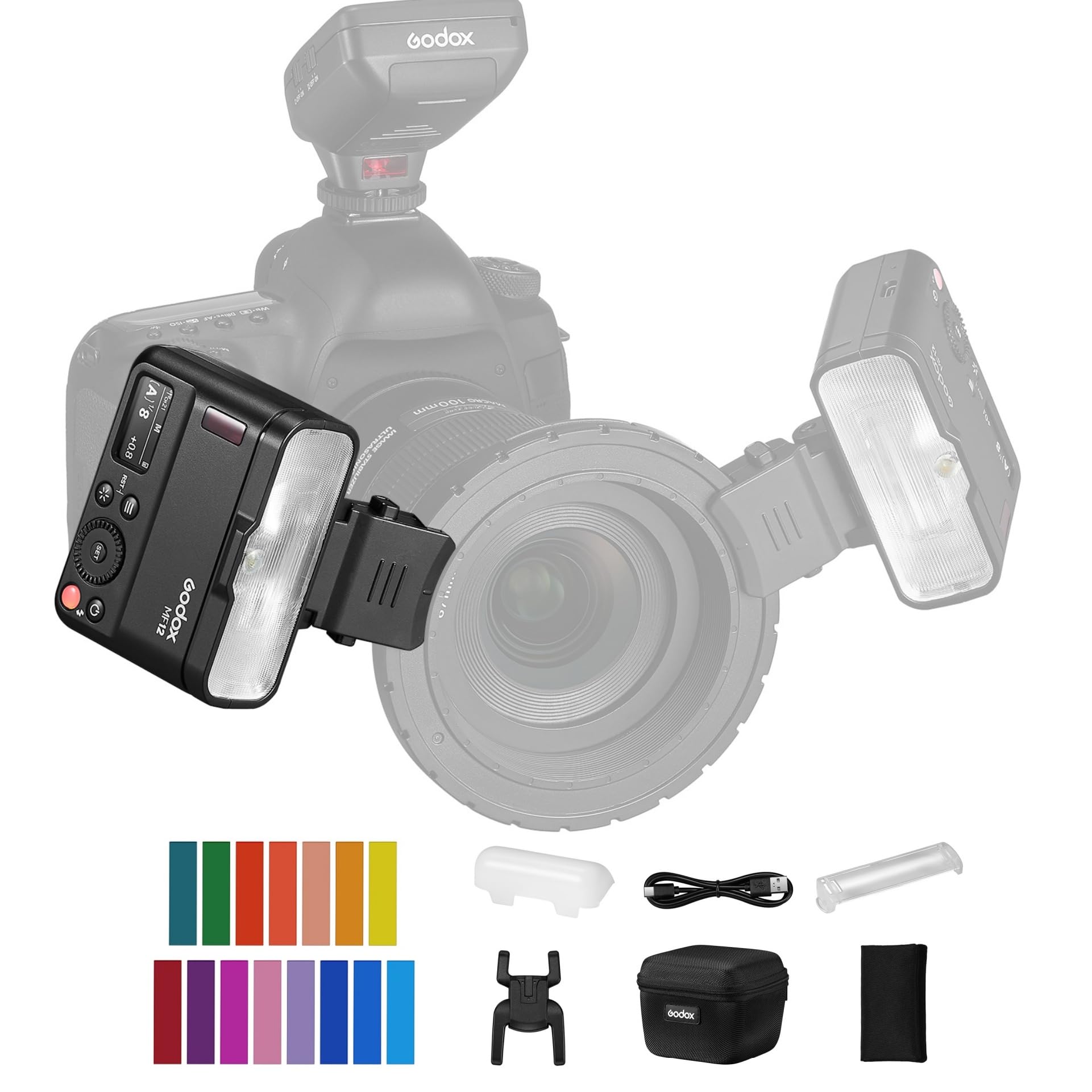 GODOX MF12 Macro Flash 2.4G Controllo della trasmissione wireless Numero guida 16 Modalità TTL M con filtro colorato Cold Shoe per ritratti di piante Insetti Cibo Gioielli Fotografia Macro