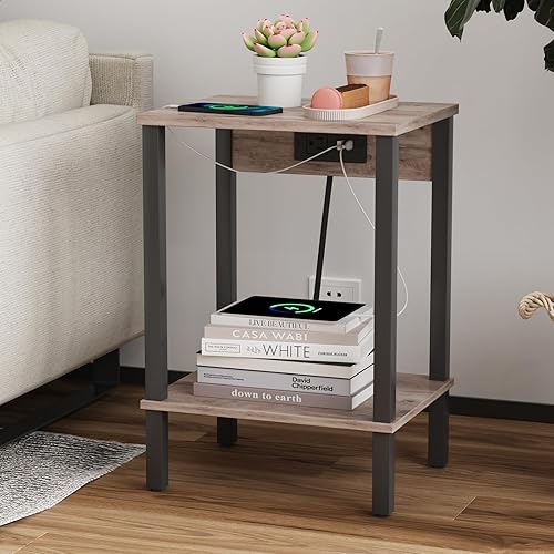 Miniatura 5 de VIMBER Mesa auxiliar con estación de carga, juego de 2 mesas auxiliares con puerto USB y tomas, mesitas de noche con estantes de almacenamiento de 2