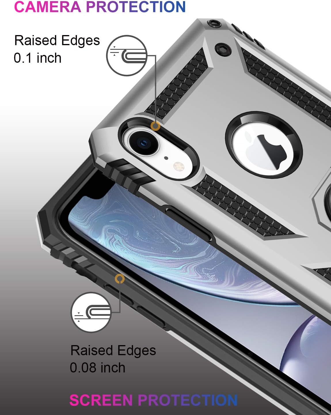 LUMARKE iPhone XR Case,15ft Drop Tested, Military Grade Shockproof Dual Layer Hard Plastic and Soft TPU Cover with Metal Kickstand Protective Phone Case for iPhone XR Silver