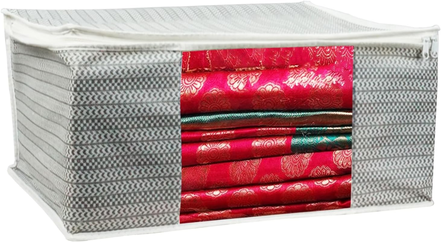 ANKIT INTERNATIONAL Saree Cover Storage Bags Pack of 12 – Non Woven Foldable Clothes Storage Organizer with Zipper & Clear Window, Wardrobe Garment Storage for Sarees, Dresses (Grey)