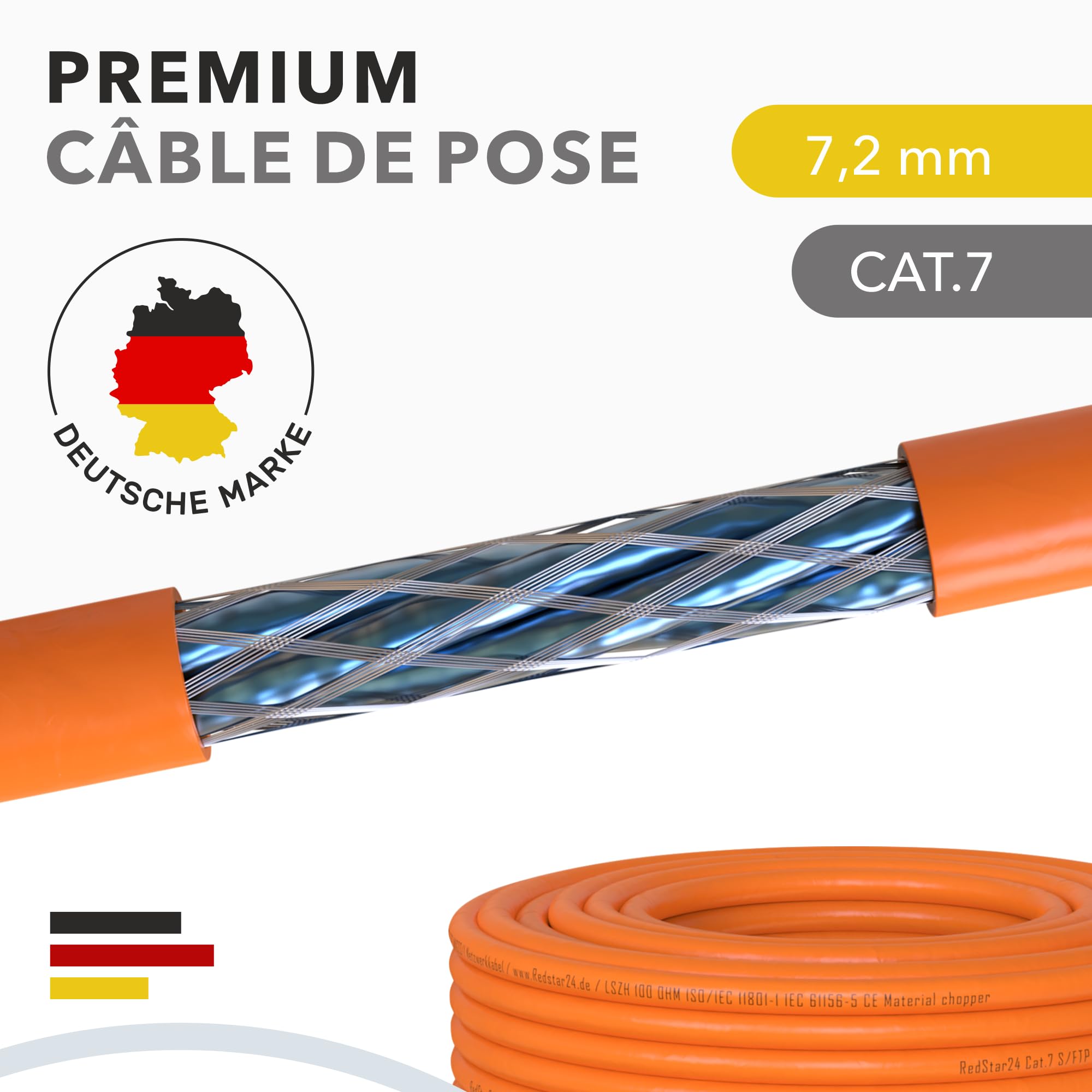 RedStar24 Câble de Réseau CAT 7 50m - Câble Ethernet CAT7 Gigabit S/FTP, Conducteurs en Cuivre Pur, Câble d'installation sans halogène PIMF POE 10Gbit LAN, Norme AWG 23/1, Gaine LSZH