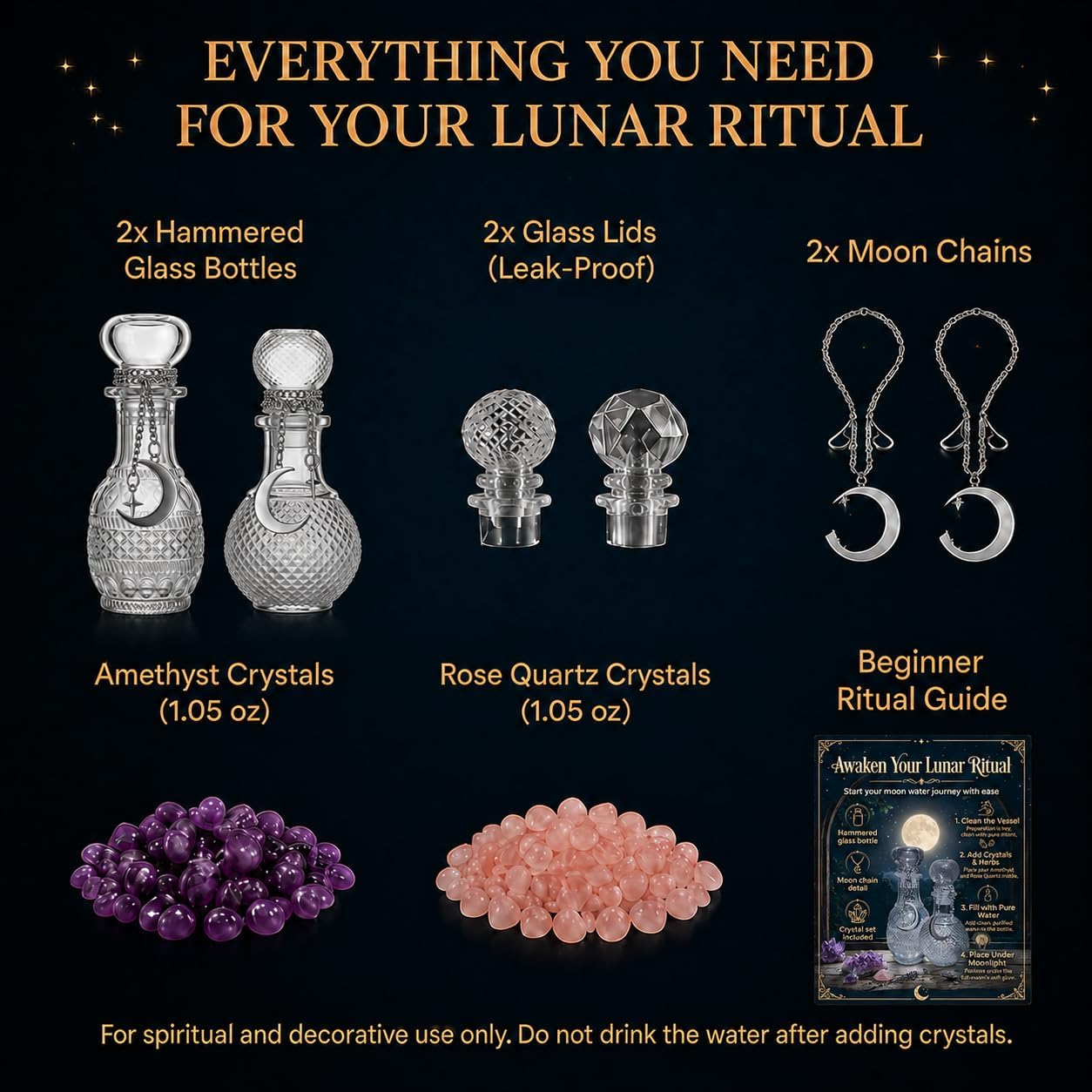 Moon Water Bottle Set with Amethyst & Rose Quartz, 2 Pack 5 oz Glass Lunar Charging Jars with Moon Star Chains, Crystal Cleansing Bottle for Meditation Decor, Witchy Gifts