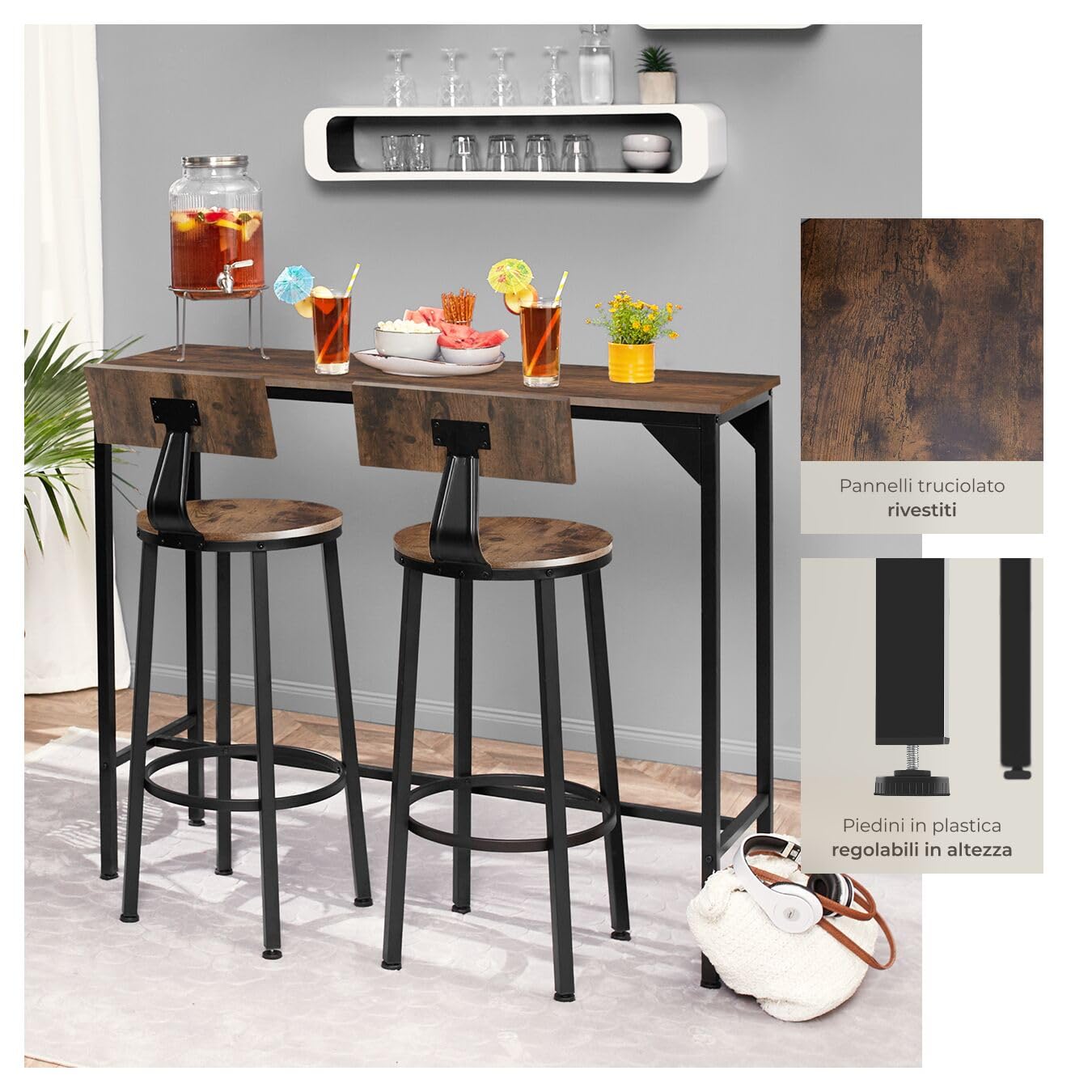 tectake® Set 2 Sgabelli da Bar, Altezza Regolabile, Schienali Grandi, Struttura in Acciaio, Seduta in Legno, Comodi, per Isola Cucinae bancone bar, Capacità 120kg - Legno Industriale Scuro