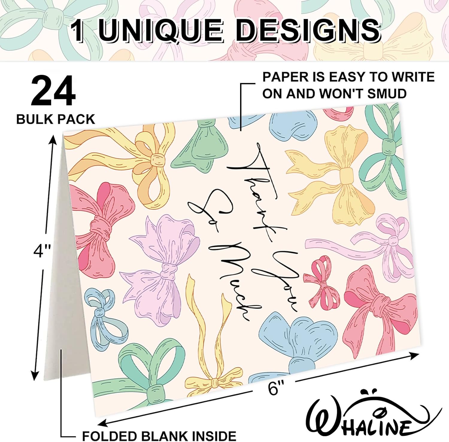Whaline 24 Pack Bow Thank You Cards Bulk Colorful Bow Knot Greeting Cards With Envelopes Stickers Blank Note Cards for Coquette Birthday Baby Shower Wedding, 4 x 6 Inch - Image 2