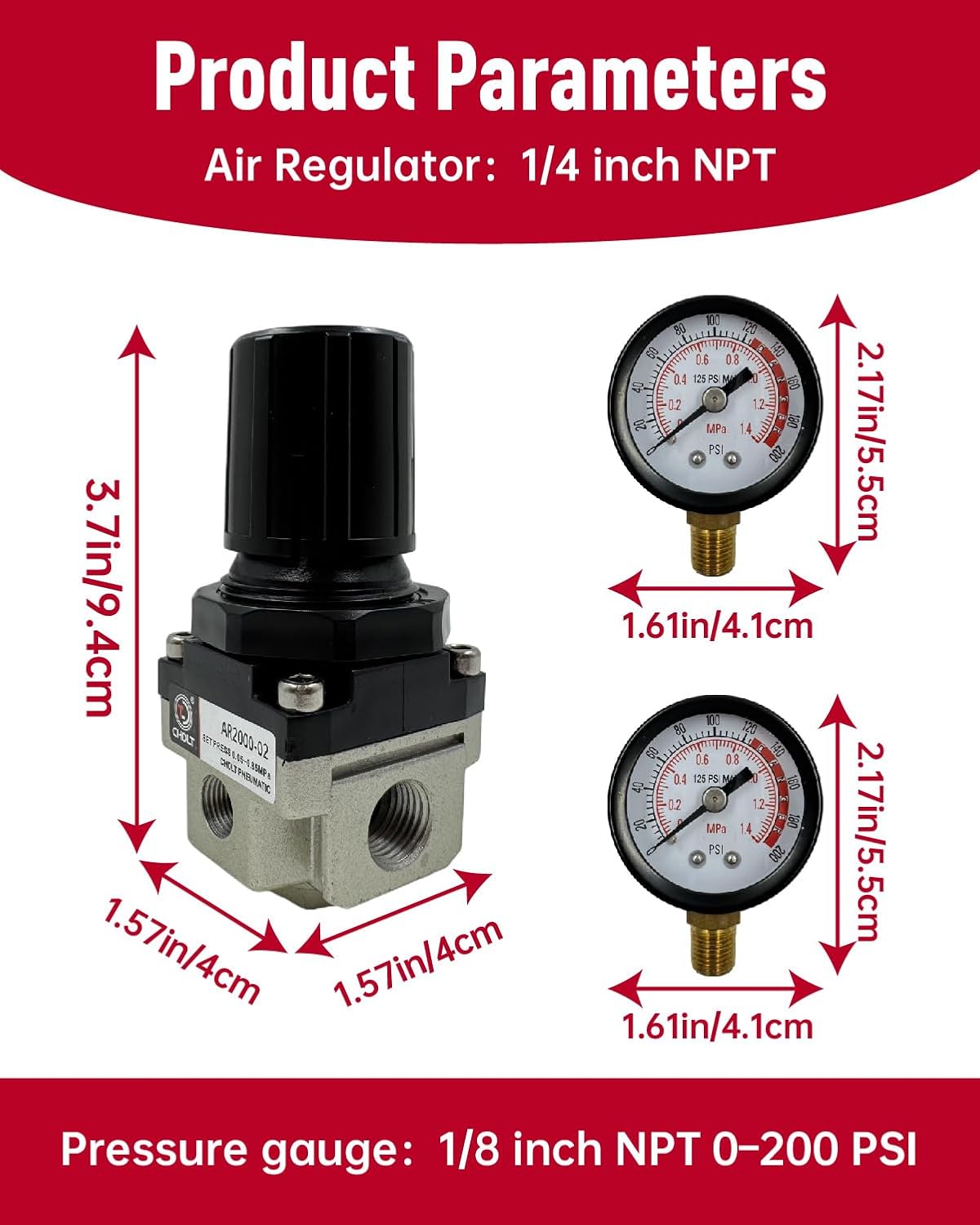 Air Conditioner with 0-200 PSI Pressure Gauge Fit for Craftsman for DeWalt for DeVilbiss 1/4" NPT Inlet/Outlet, 1/8 NPT Gauge Port, 4 Port Pressure Regulator 0-150 PSI Adjustable