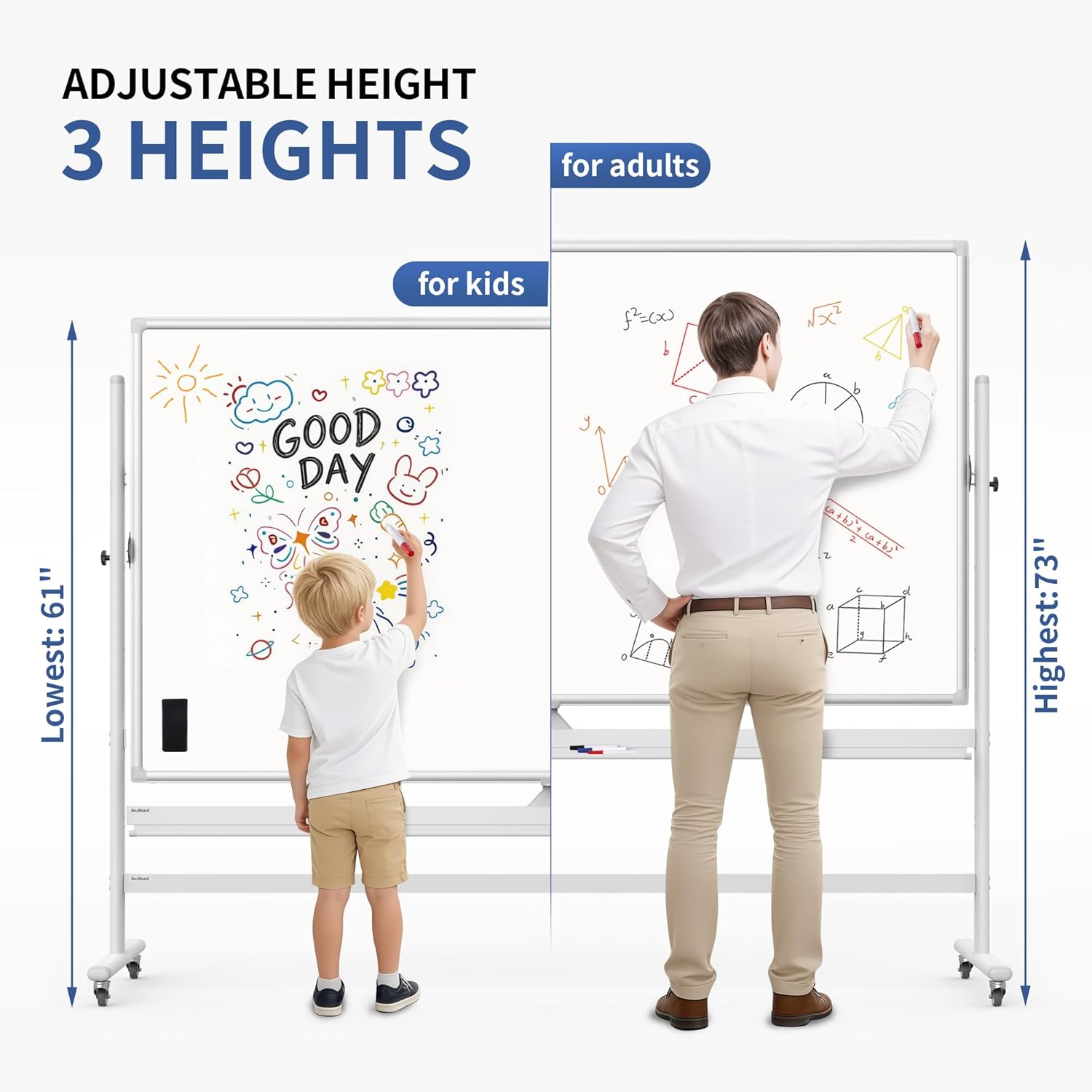 Large Double Sided Whiteboard 72x40 inches on Wheels, Height Adjustable Mobile Magnetic Dry Erase Board with Rolling Stand for Office Meetings, Classroom Teaching, Home, Silver Frame