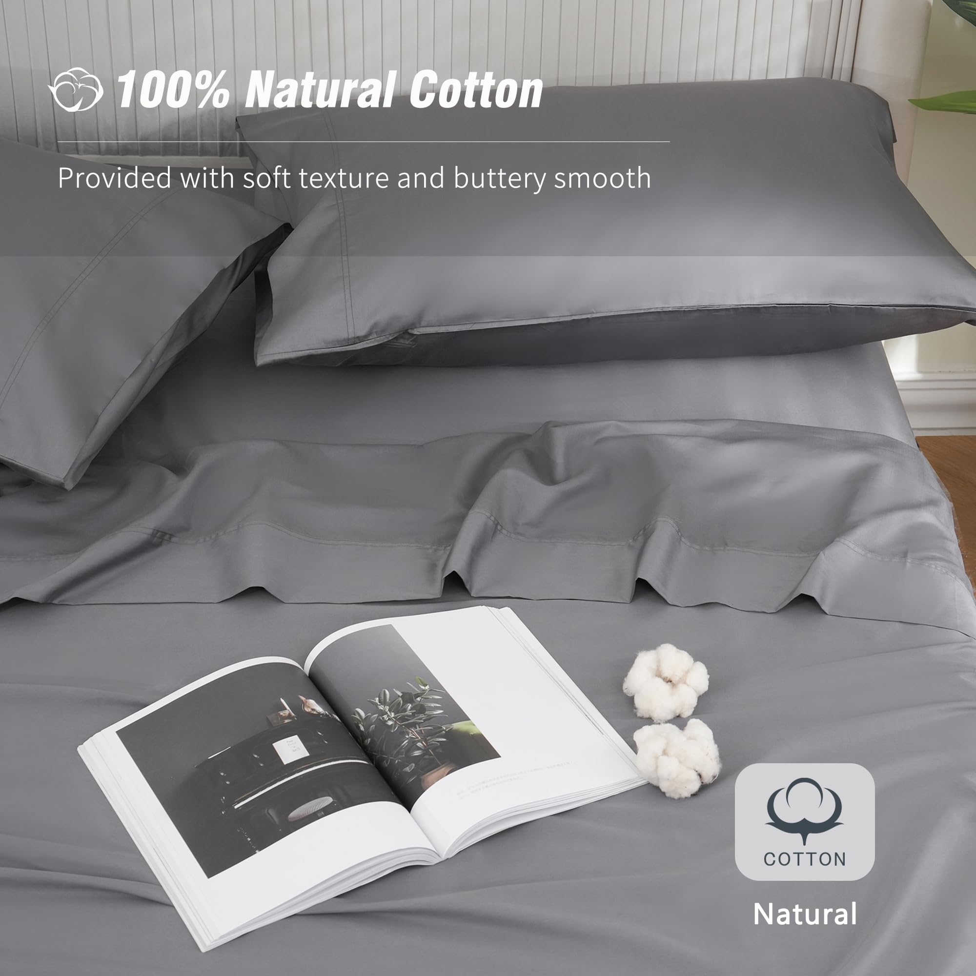 DOWNCOOL Queen Sheet Set - 100% Cotton Sheets Queen Size Set, 400 Thread Count Sateen, Deep Pocket Up to 16