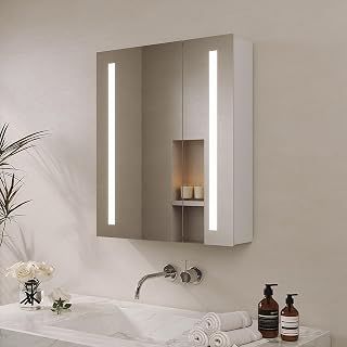 Spiegelschrank Bad mit Beleuchtung 60 cm breit 70 cm höhe Aluminium Badezimmer Spiegel Schrank Steckdose LED Badschrank doppelt verspiegelt Infrarot IR Sensor Antibeschlag dimmbar Kaltweiß Licht