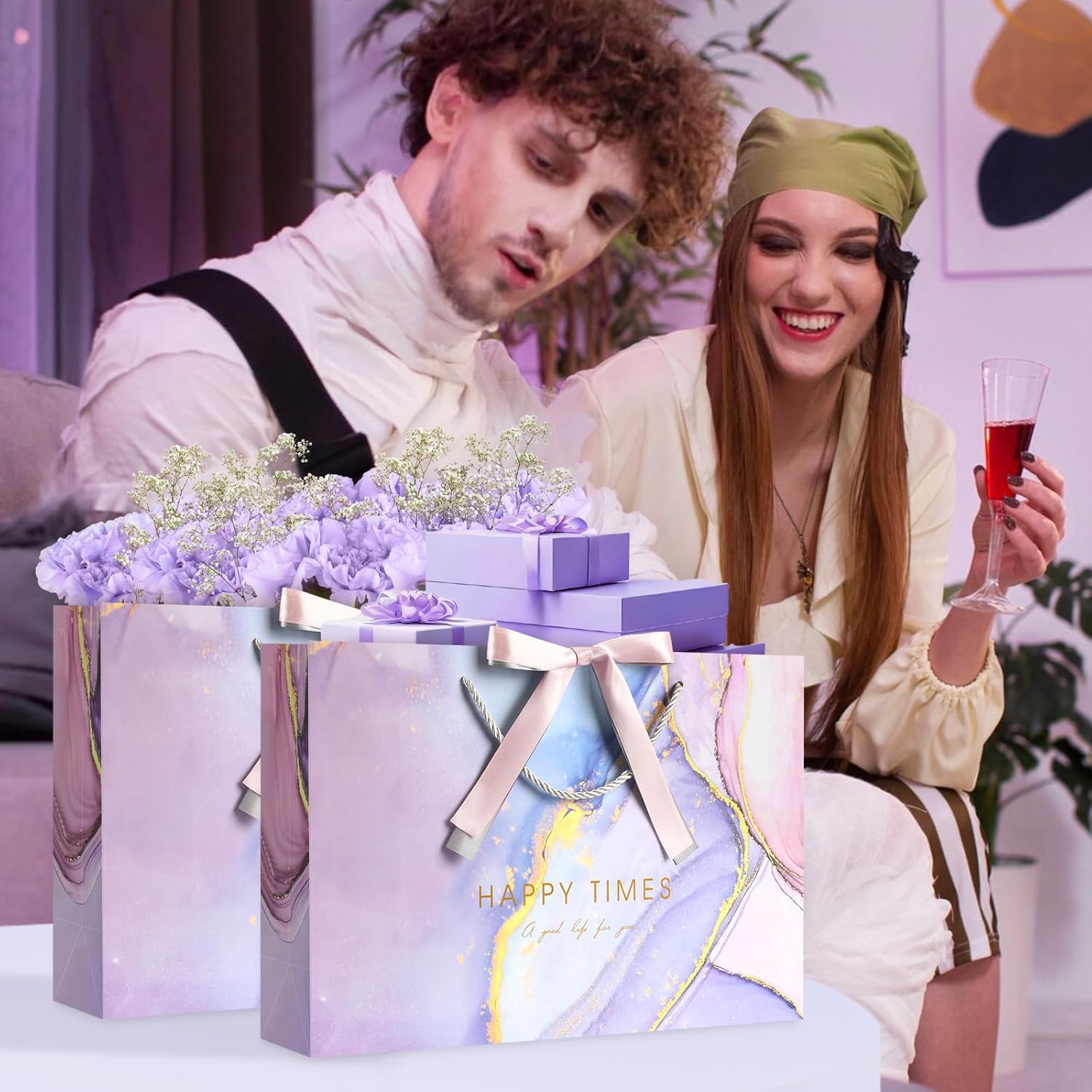 YoungTree Large Gift Bag with Tissue Papers and Greeting Card Two-Tone Ribbon, Purple Marble Pattern Gift Bags, Birthday Gift Bag with Handles, Present Bags for Valentines Day Wedding Party Supplies - Image 7