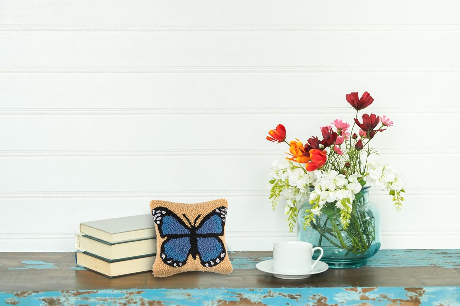 C&F Home Blue Butterfly Hooked 8" x 8 Small Petite Accent Pillow 8" x 8" Decorative Small Petite Accent Covers for Couch and Bed 8" x 8" Blue & Yellow