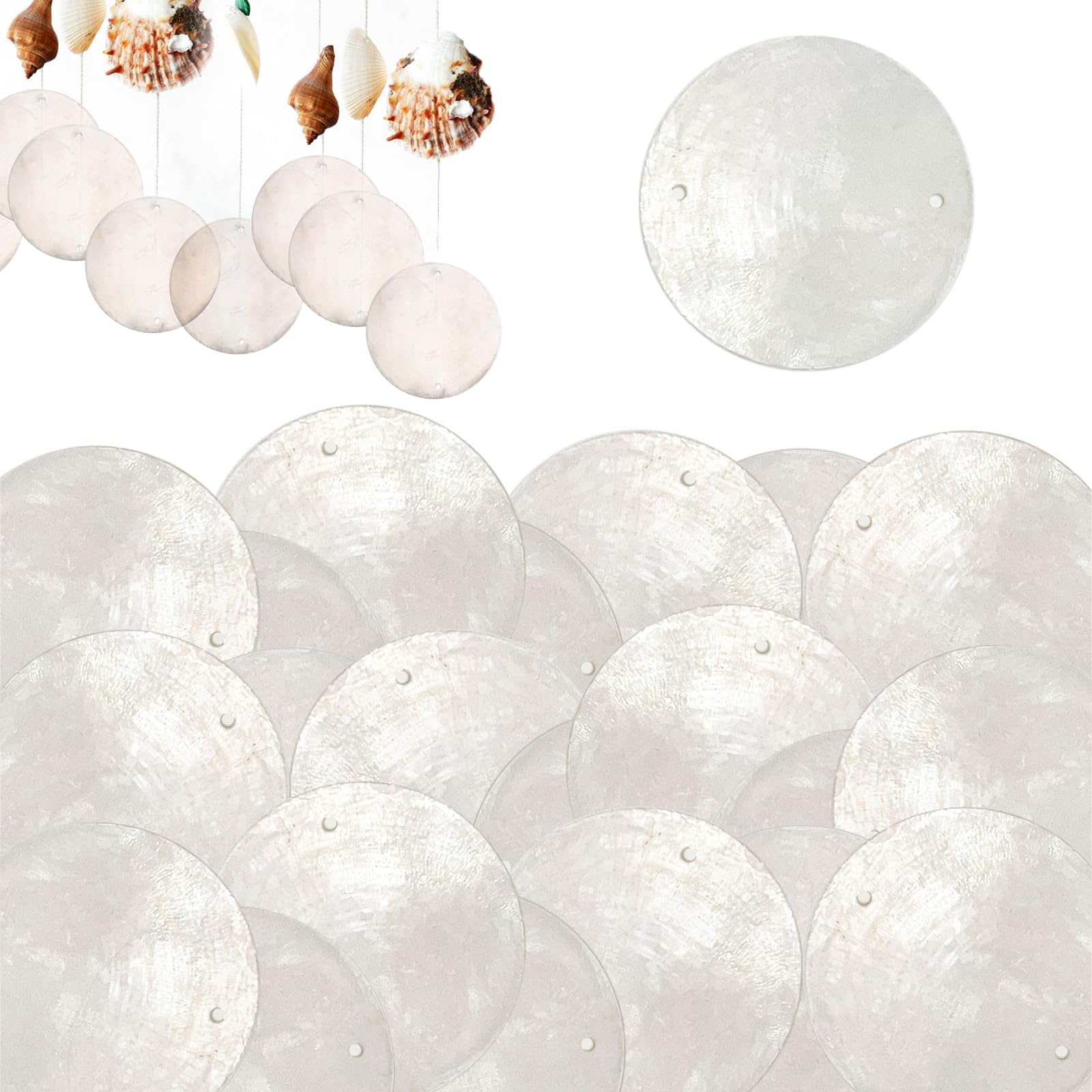 Dischi di Conchiglia, 100 Pezzi Dischi Rotondi di Conchiglia in Madreperla, Ciondolo a Vento Retrò, con Due Fori, per Tende di Conchiglie, Decorazione Della Casa (Bianco)