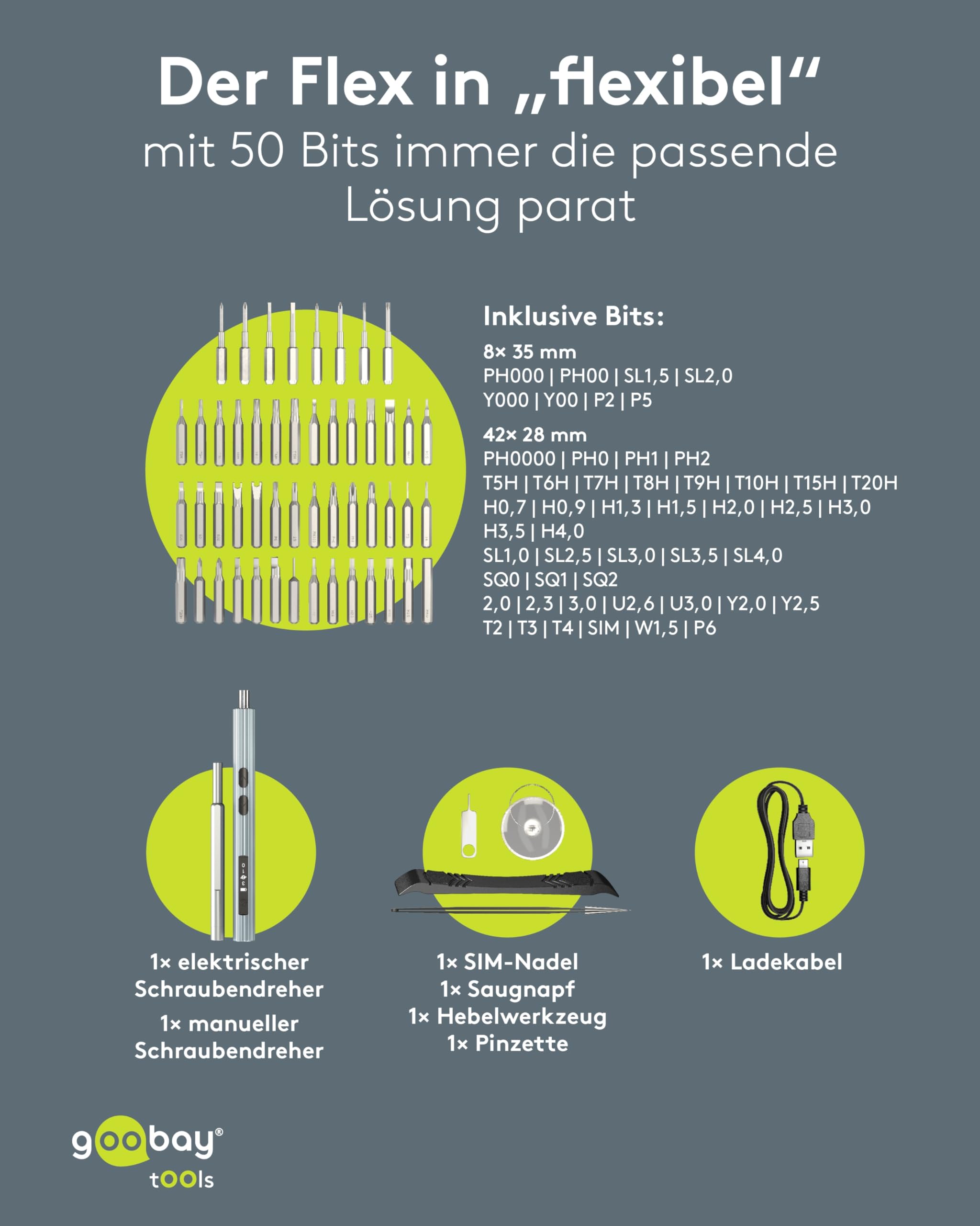 goobay Elektrischer Akkuschraubendreher 58in1 mit 50 Präzisions-Bits, magnetischem Aluminium-Case, 3 Drehmomentstufen, LED-Licht, USB-C-Ladung, Werkzeug-Set für Elektronik, Smartphone & PC