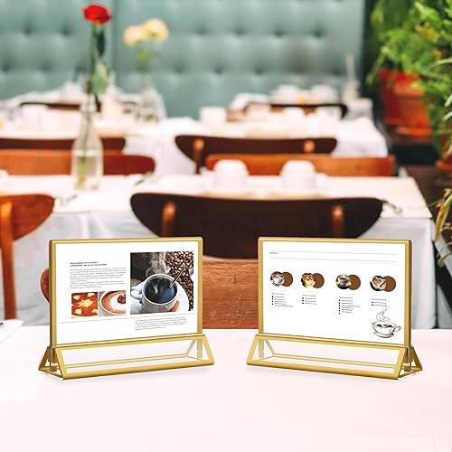 Miniatura 4 de Soportes acrílicos para letreros dorados, paquete de 8 marcos de números de mesa de boda de 7 x 5 pulgadas, soportes de menú de mesa de doble cara