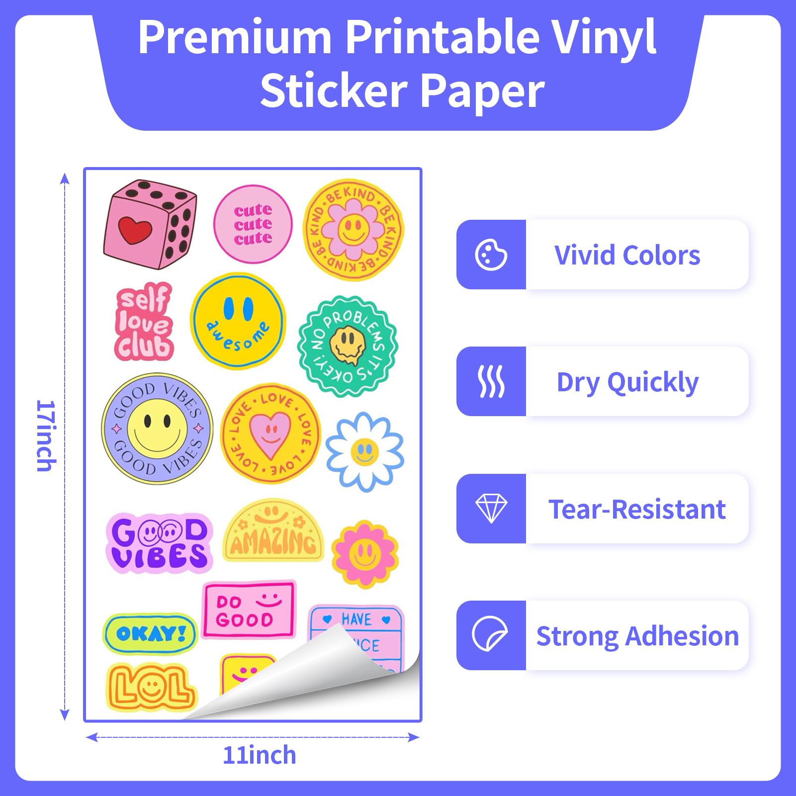 Carta adesiva in vinile bianco lucido stampabile per stampante a getto d'inchiostro, dimensioni tabloid, confezione da 30 pezzi, resistente all'acqua, autoadesiva, 28 x 43,2 cm Elygrap
