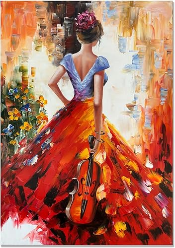 zoinart Hand Painted Abstract Vertical Canvas Wall Art 28x40 Inches Musical Girl Modern 3D Wall Paintings Framed Contemporary Art for Home