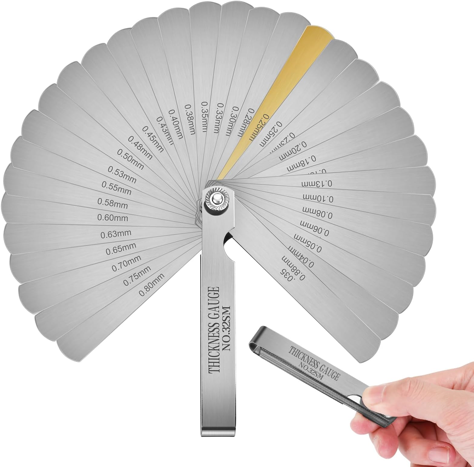 32 Blades Stainless Steel Feeler Gauge, Metric and Imperial Gap Measuring Tool Width and Thickness Feeler Gage Gauge for Spark Plug, Valve Adjustment Tool, 0.04-0.88 mm (0.0015-0.035 Inch)