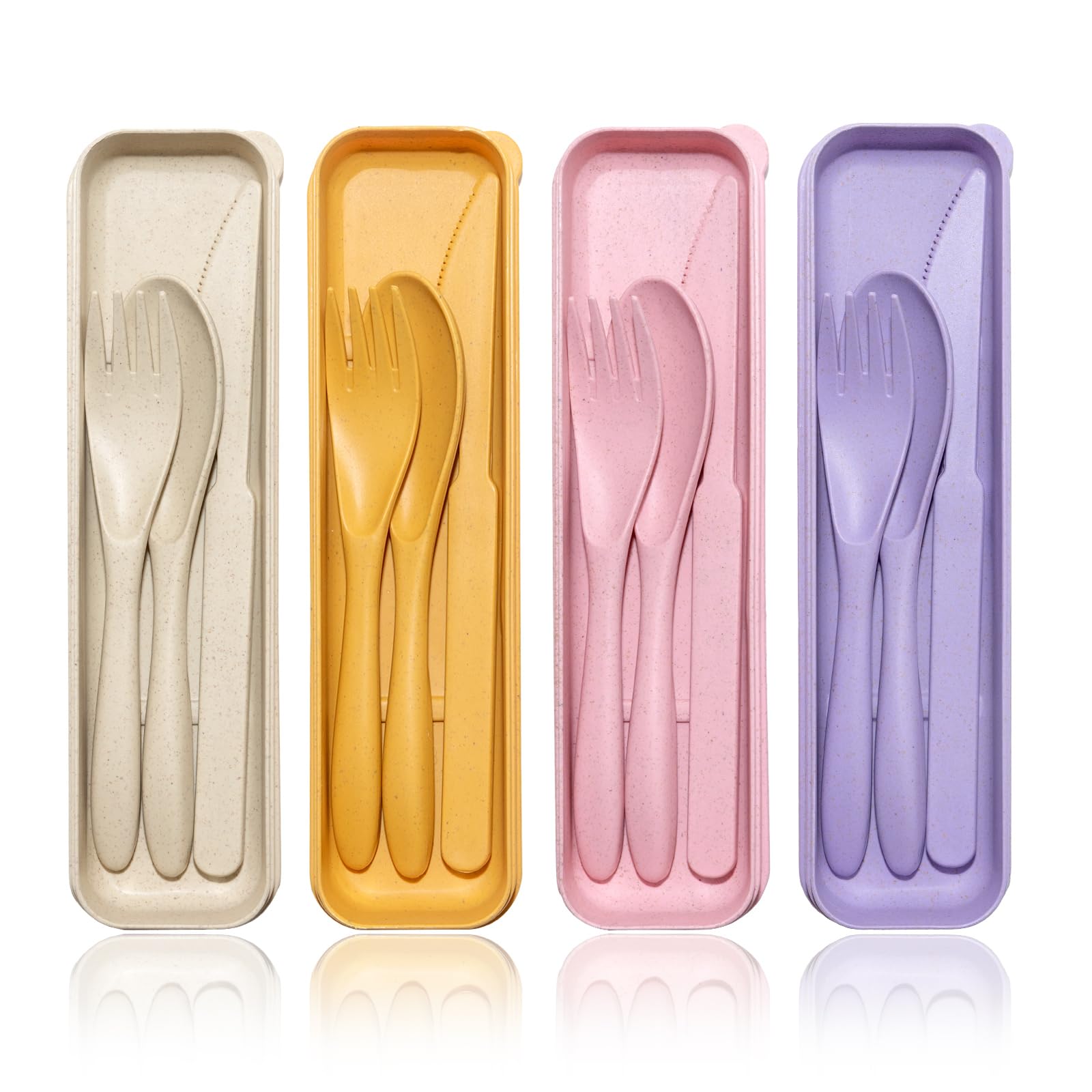 Zestaw 4 plastikowych sztućców, wielokrotnego użytku z etui, sztućce kempingowe z łyżką, nożem, widelcem, przenośne przybory do pudełka na lunch, zestaw sztućców z tworzywa sztucznego na podróż