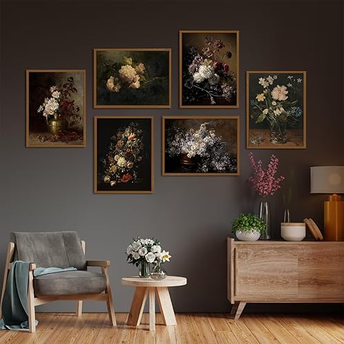 Miniatura 4 de Joocrise Moody - Juego de 6 pinturas artísticas florales para pared, diseño de academia oscura, lienzo botánico vintage, arte de pared con flores