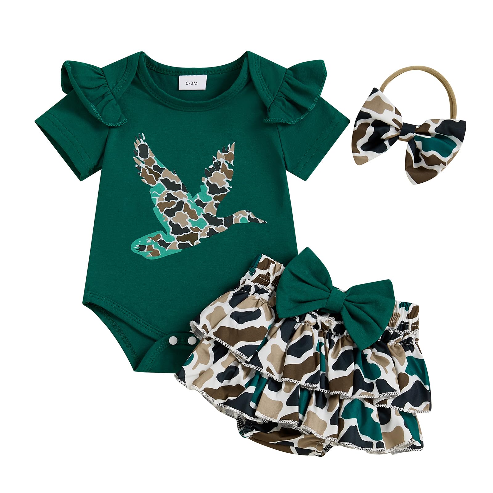 KtwHarnu Hunting Baby Girl Clothes Mallard Duck Embroidery Short Sleeve Romper Ruffle Tutu Shorts Set Newborn Summer Outfit