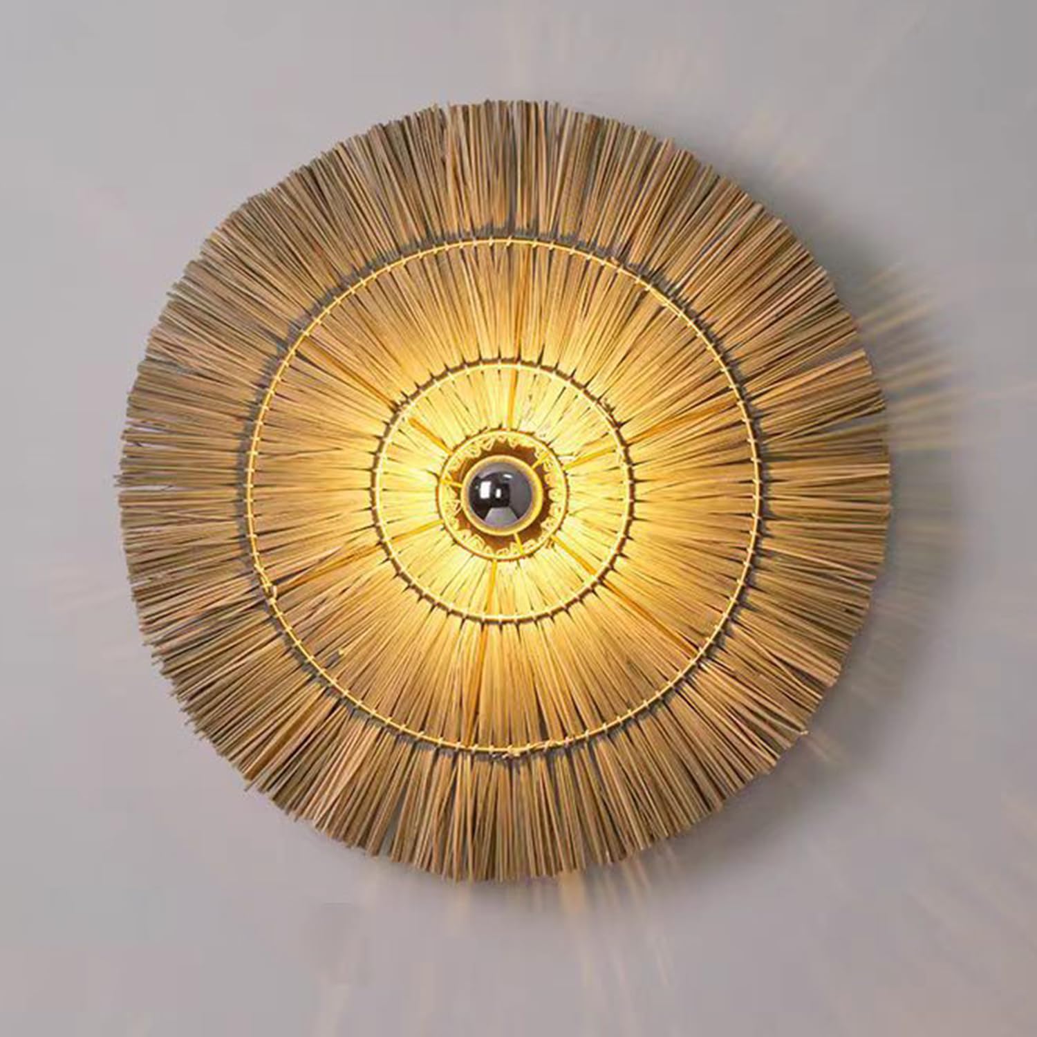 Boho Kinkiet okrągły 40 cm Rustykalny kinkiet wewnętrzny z ręcznie tkanym abażurem E27 Vintage Lampa Lampka nocna Kinkiet 3000K Ciepłe światło do sypialni, salonu, przedpokoju