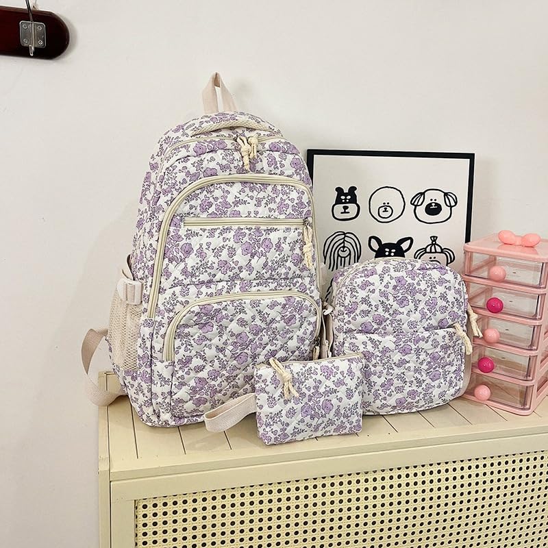 3pcs Backpack Set with Cute Floral Quilted Backpack Bags, Large Capacity Nylon Bag Rucksack Fashion Travel Daypack (Purple)3