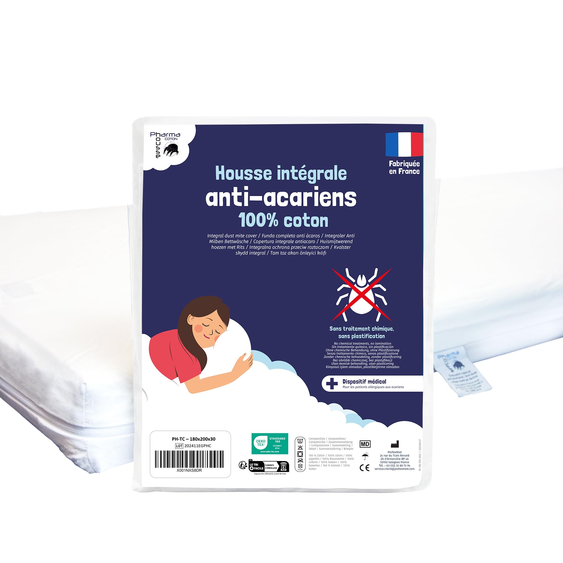 Housse Anti-acariens intégrale 100% Coton pour Matelas – Procédé de Tissage breveté - Dispositif médical – Garantie à Vie – sans Traitement ni plastification – Fabriquée en France