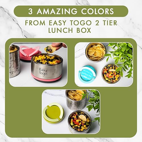 Miniatura 6 de Lonchera de 2 niveles  Contenedor de alimentos aislado apilable de acero inoxidable de 32 onzas con bolsa de almuerzo, lonchera portátil para