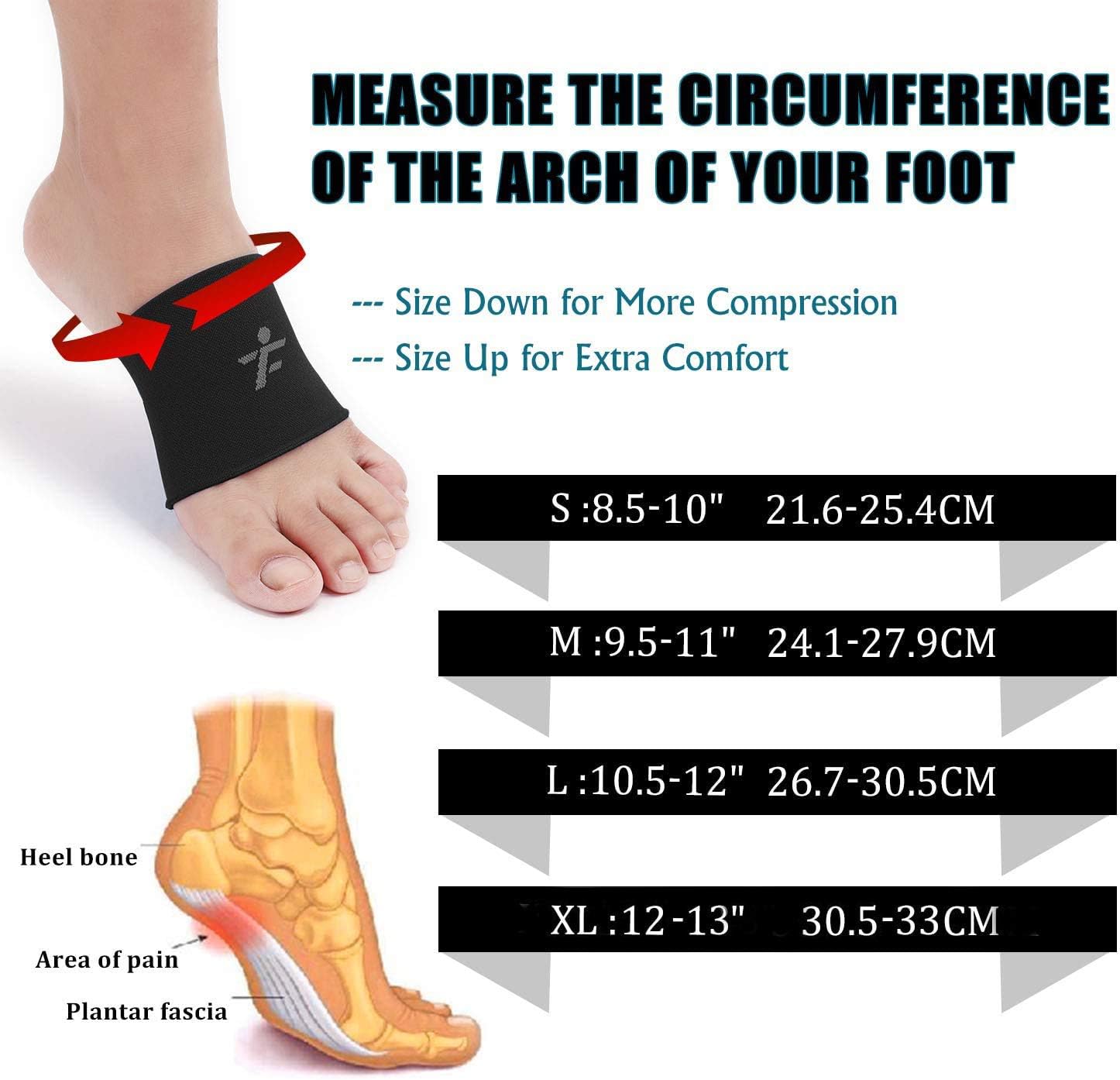 Compression Arch Sleeves, 1 Pair, Multiple Colors for Men Women, 20-30mmHg Plantar Fasciitis Brace for Pain Relief, Patent Seam - More Comfort Support for Foot Care, Heel Spurs, Flat Feet, Black S