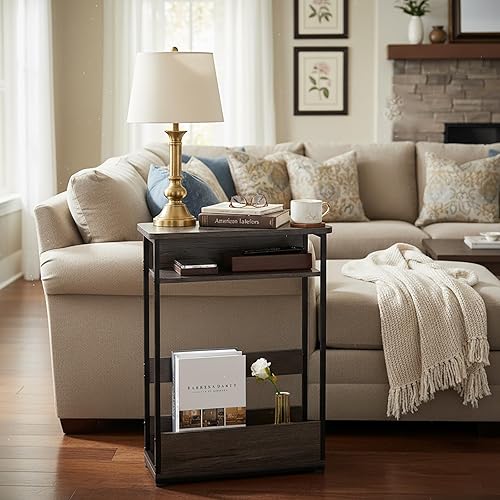 Miniatura 2 de Mesa auxiliar estrecha vintage con estante de almacenamiento, mesa auxiliar delgada de 3 niveles, mesa de sofá moderna para espacios estrechos y