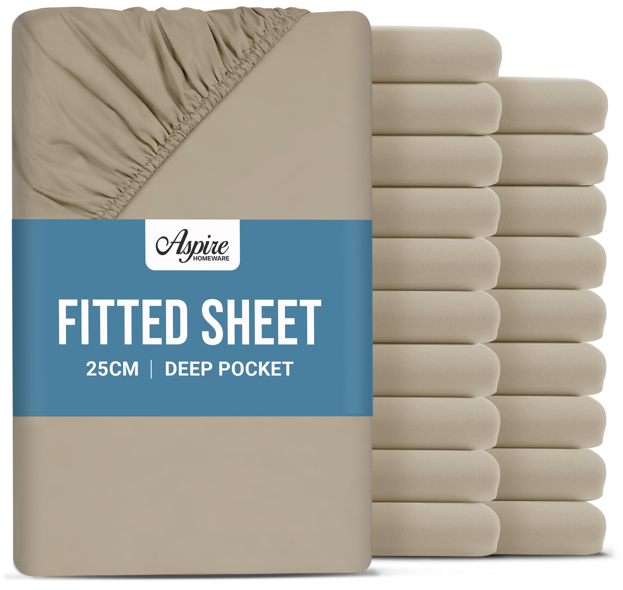 Aspire Homeware King Size Fitted Sheets 20 Pack - 25 cm Deep Hotel Quality (Beige) Bed Sheets - Soft & Breathable Fitted Sheets King Size - Anti-Wrinkle Easy Care Fitted Sheet