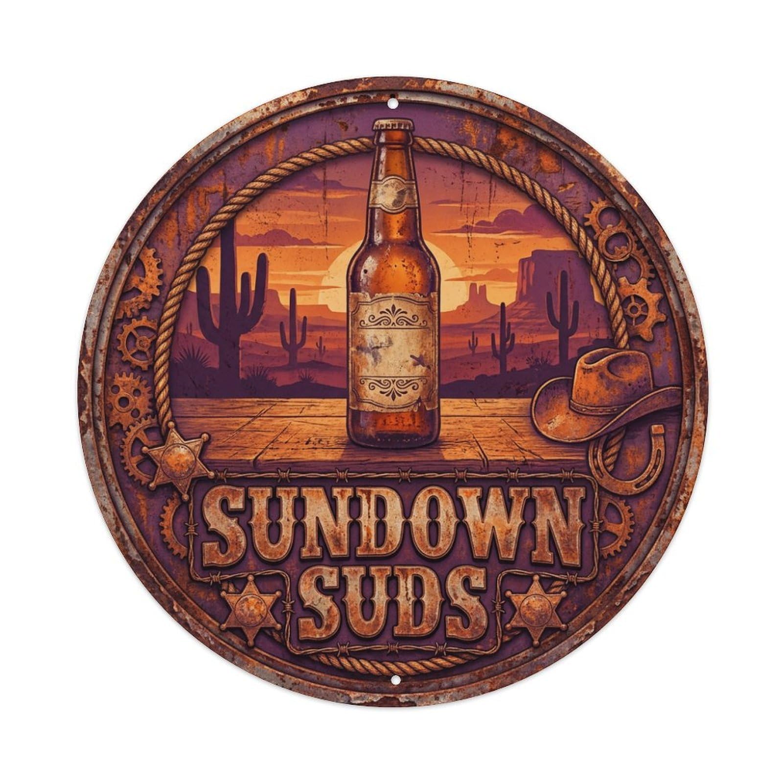 Vintage Beer Western Cowboy Sundown Suds Retro Bar for Pub Metal Tin Sign