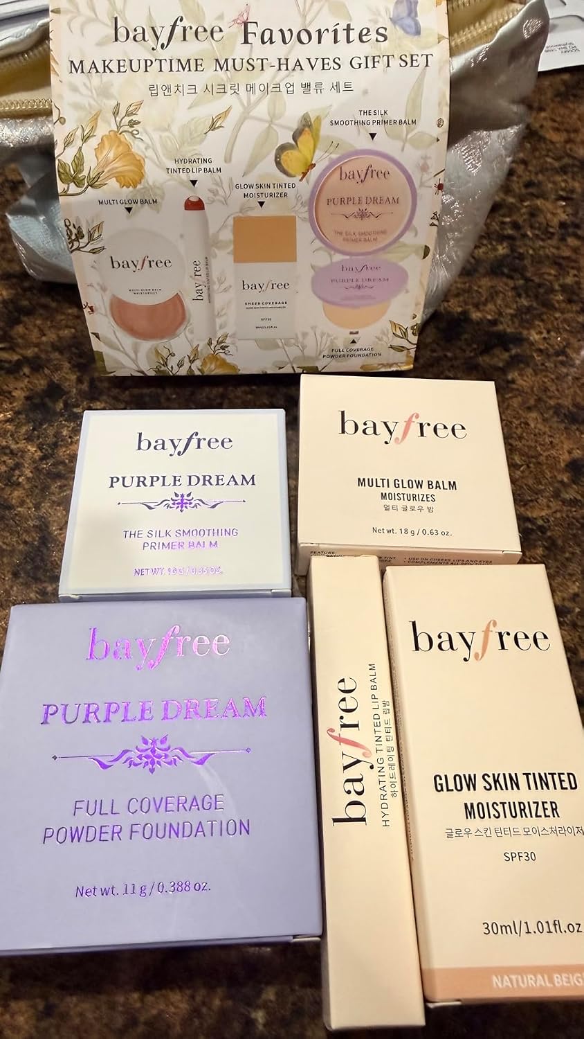 bayfree Original Kit Gifts Set for Women, Korean Makeup Set for Women & Beginners, Travel Make Up Kit Tinted Moisturizer Primer Lipstick Powder Multi Glow Balm with Makeup Bag, Vegan, Natural Finish