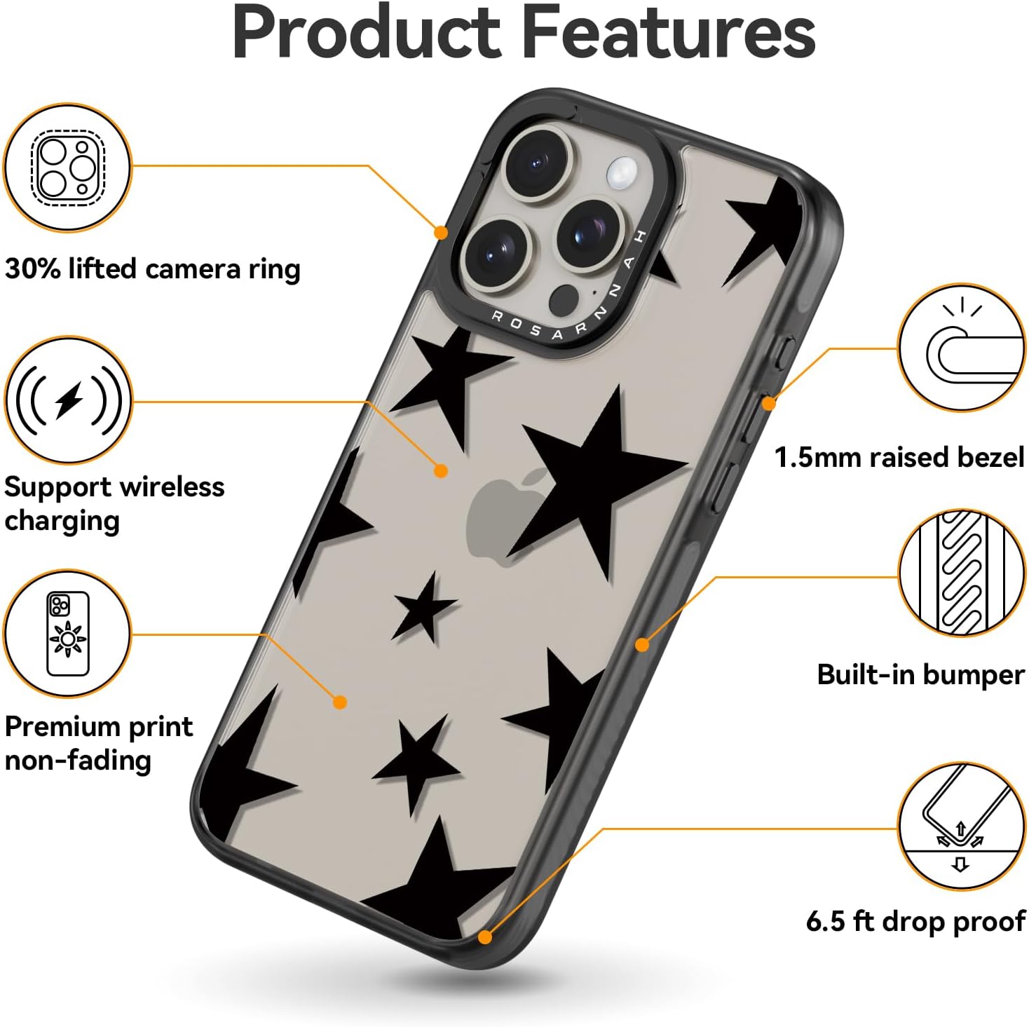 Compatible for iPhone 15 Pro Case Cute Aesthetic - Durable Shockproof 6.6 ft Drop Impact Phone Case Cover with Funny Fashion Five-Pointed Star 6.1" Black