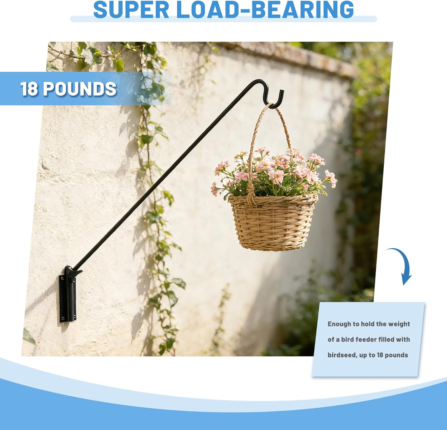 ERYTLLY Extended Reach Deck Hook Wall Pole Wall Mounted, Extensible and Adjustable 28 inch to 43 inch Bracket for Hanging Bird Feeder,Plants,Wind Chimes,Lanterns