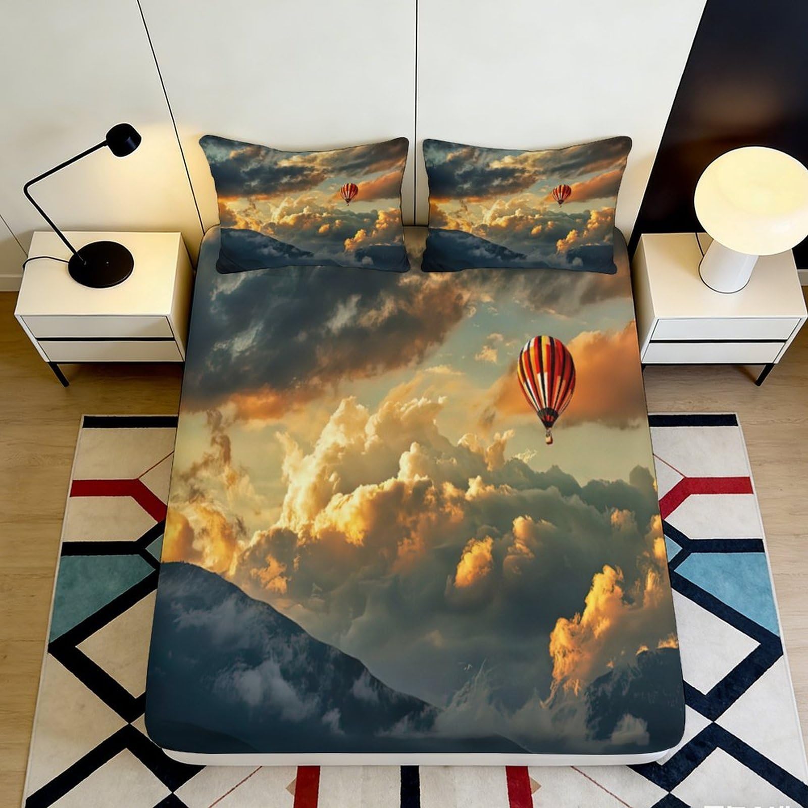 Pnayamiorkfel Style-10 3D Printed Hot Air Balloon Fitted Sheet Microfiber Scenic Sunset Cloud Bed Cover For Bedroom Dorm Mattress Protection Decor 90X200x25cm