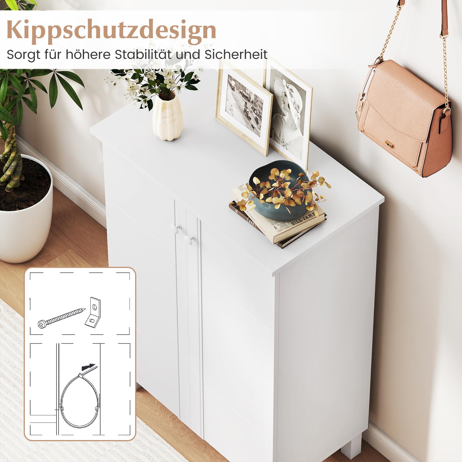 COSTWAY 4-poziomowa szafka na buty, drewniana komoda na buty ze zdejmowanymi półkami, uchwytami i 2 drzwiami, regał na buty biały do korytarza, przedpokoju, salonu, 60 x 33,5 x 90 cm