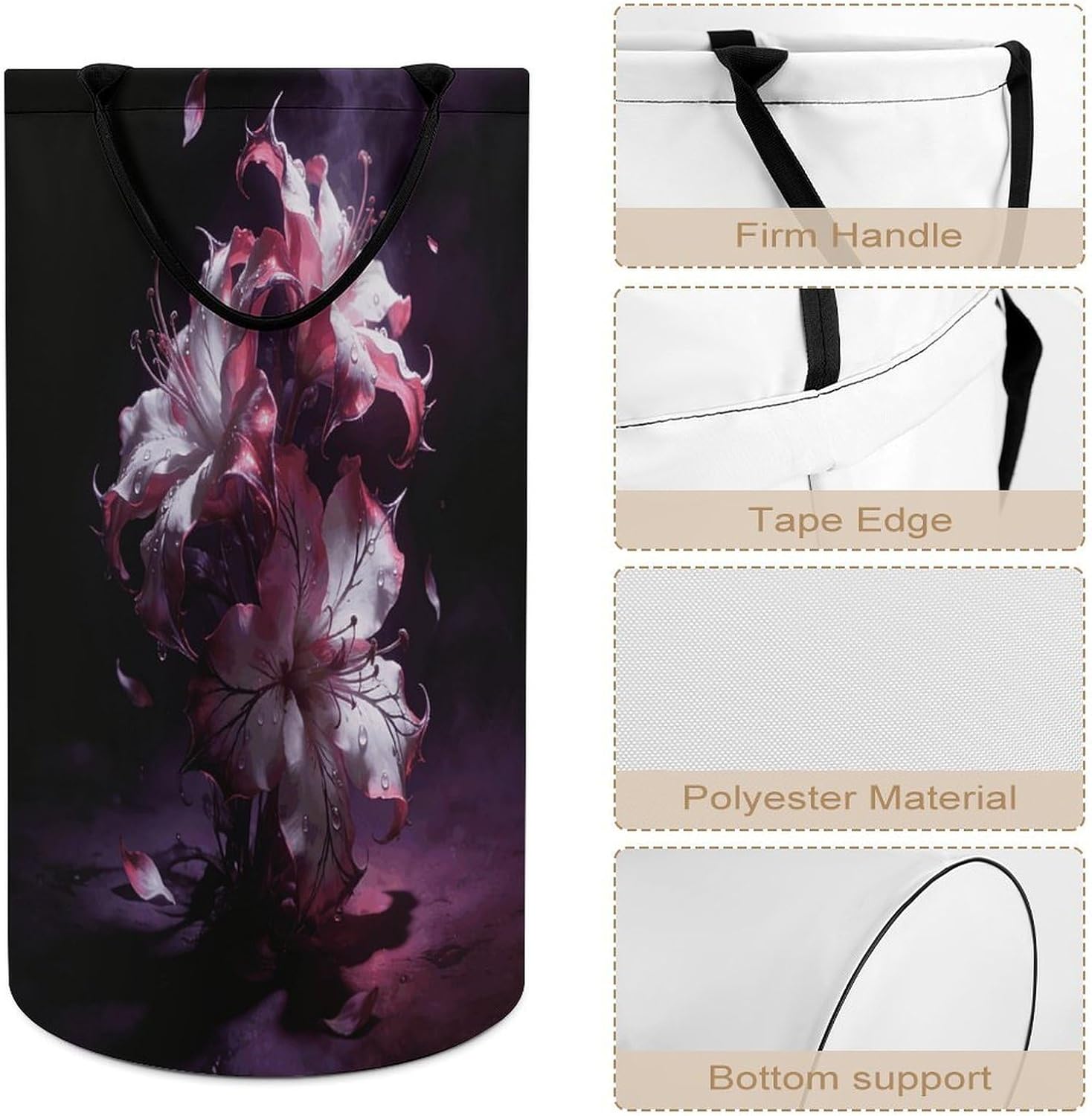 Dark Fantasy Contrast Floral Laundry Hamper 86L Waterproof Collapsible Clothes Basket with Double Handles Freestanding Foldable Laundry Basket Large Clothes Hamper for Bathroom