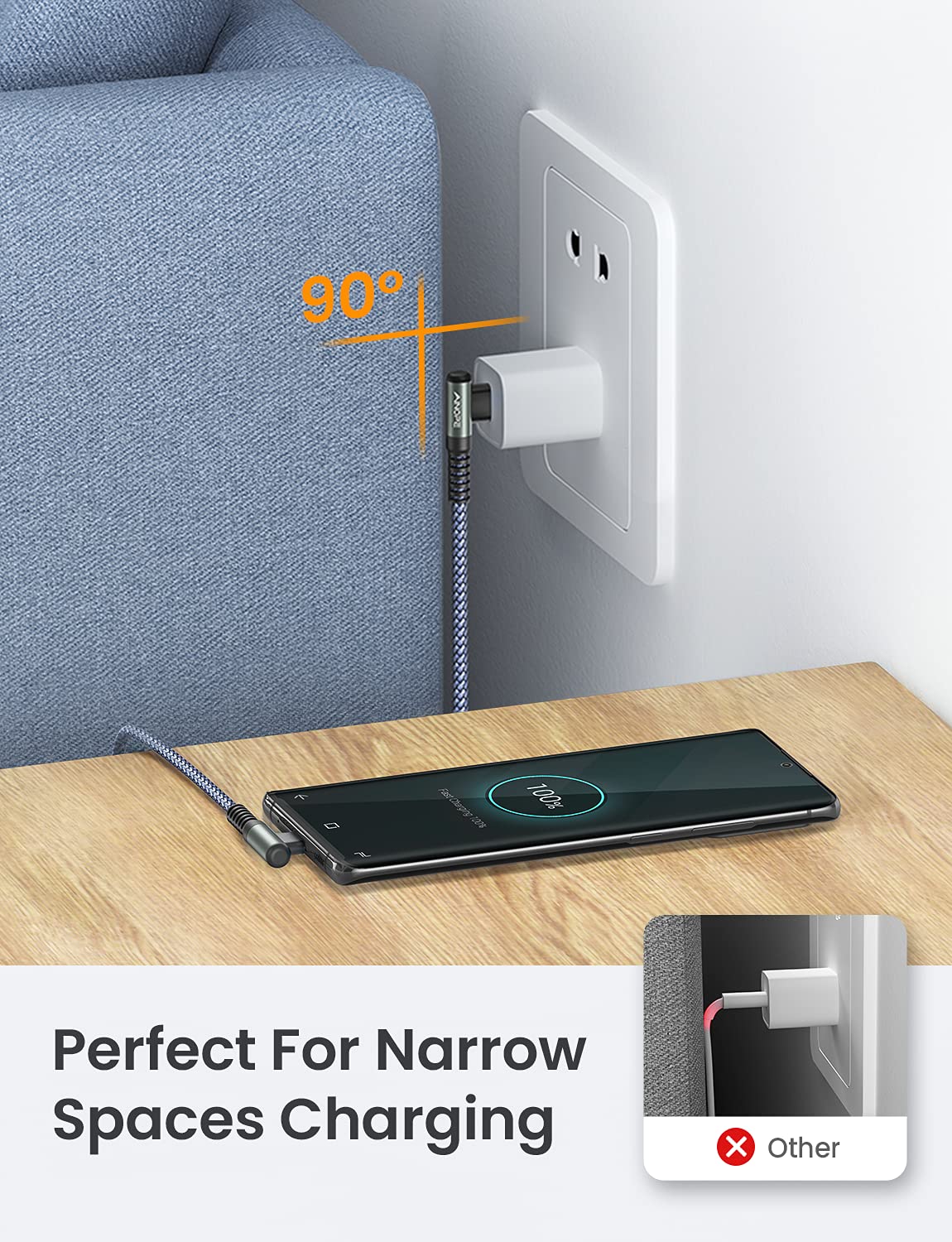 AINOPE USB A to USB-C Cable 3.1A Fast Charging [2-Pack, 6.6ft], Right Angle USB to Type C Charger [Never Rupture, Nylon Braided] USB Type C Cable Compatible with Samsung S22 S21 S20, iPad Mini 6/Pro