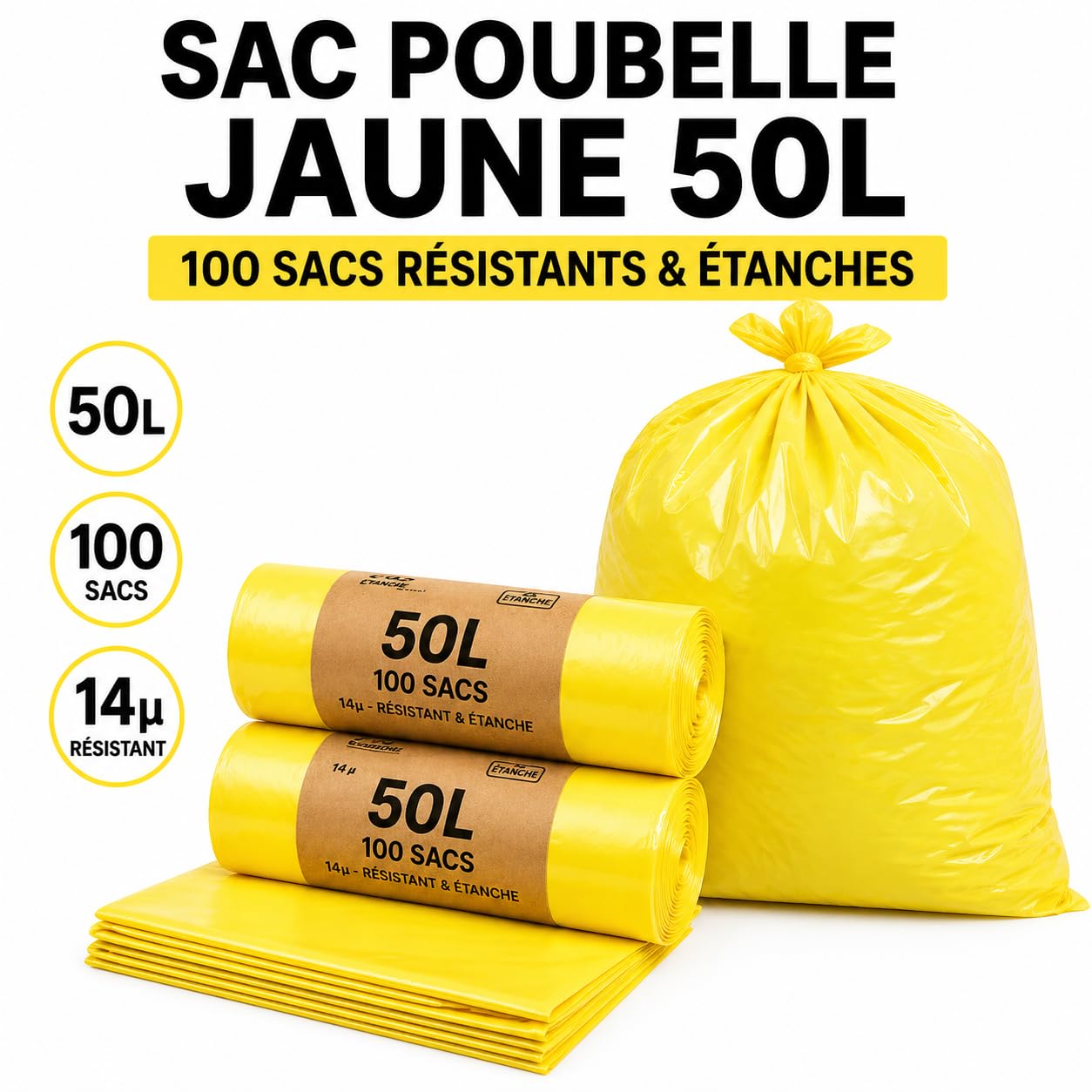 Bolsa de basura amarilla 50 l | 100 bolsas de basura de 50 litros (2 rollos de 50 bolsas amarillas) | Resistente (14 µ) e impermeable | Papeleras Oficinas – Cocina | Cierre de lazo para atar |