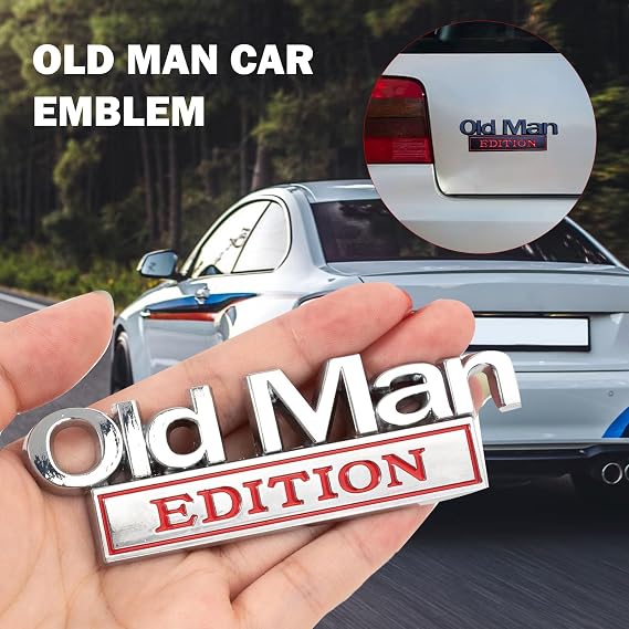 2PCS Old Man Edition Car Emblem, 3D Metal Sticker Badge, Funny Edition Nameplate Decal For Side, Silver Red & Black Red CarTags for Car Truck SUV Motorcycle